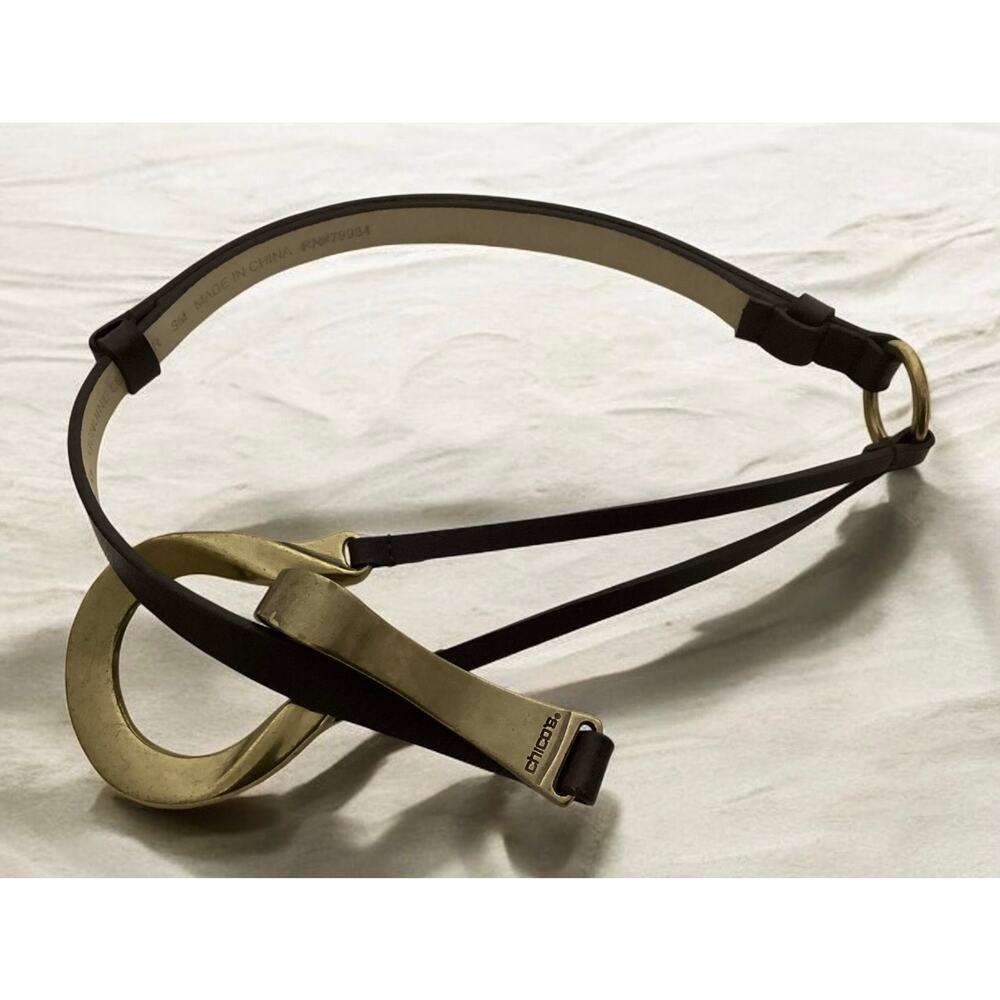 Vntg Chicos Adjustable Skinny Brown Leather Gold Hook Belt Sizes S-M RN #79984 - Picture 4 of 5